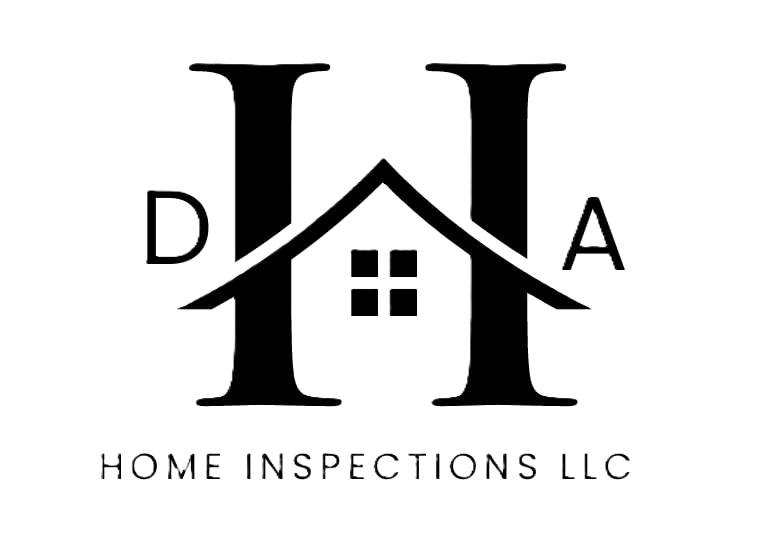 Logo for D&A Home Inspections LLC featuring a house outline with the letters D and A on either side and the company name below.