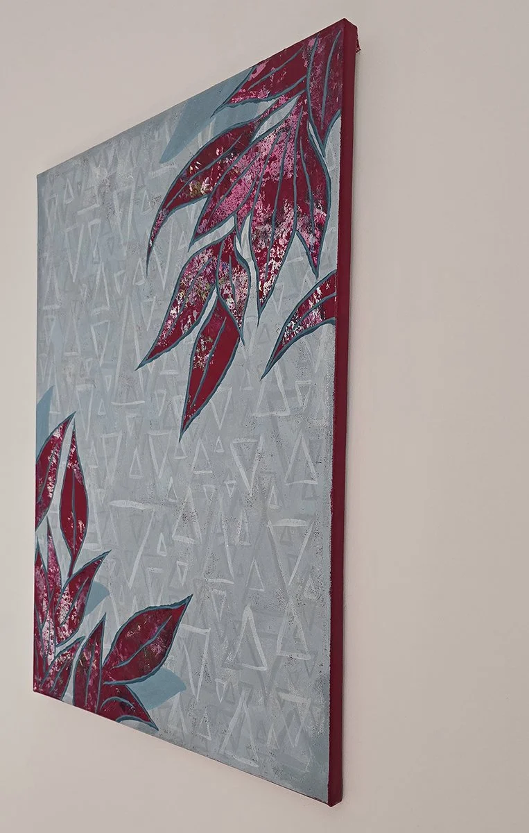 Nature's Window painting side on, showing the red border of the canvas