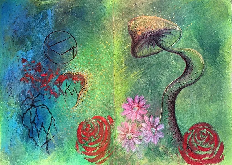A double sketchbook page, both pages painted green with a bit of blue. There are some paintings of flowers, a mushroom on the right and sketches on the left.