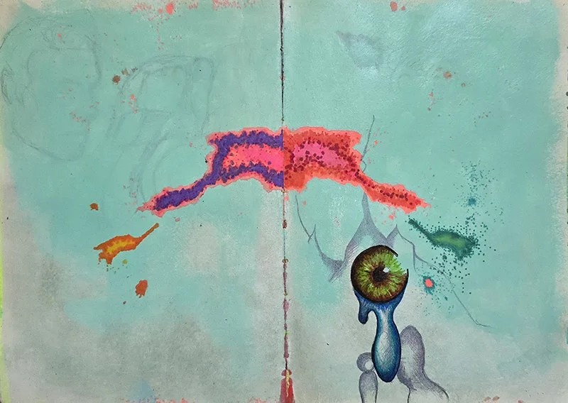 A double sketchbook page painted blue. There are some sketches that have been painted over and some doodles.
