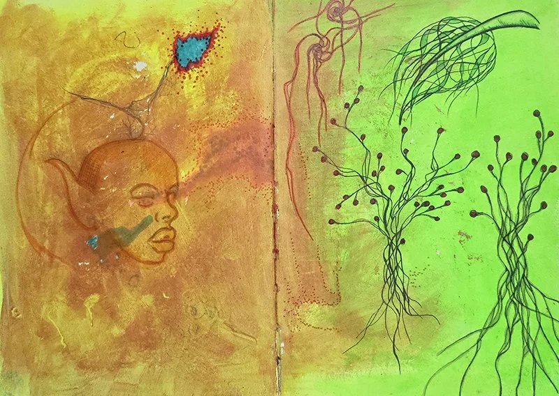A double sketch book page painted yellow and green. Abstract sketches on the right and a sketch of a woman on the left.