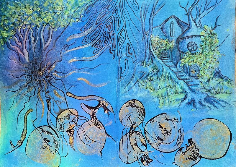 A double sketchbook page with both pages painted blue. On the right there is a drawing of a treehouse cottage. On the left and bottom half of the pages there are abstract sketches.