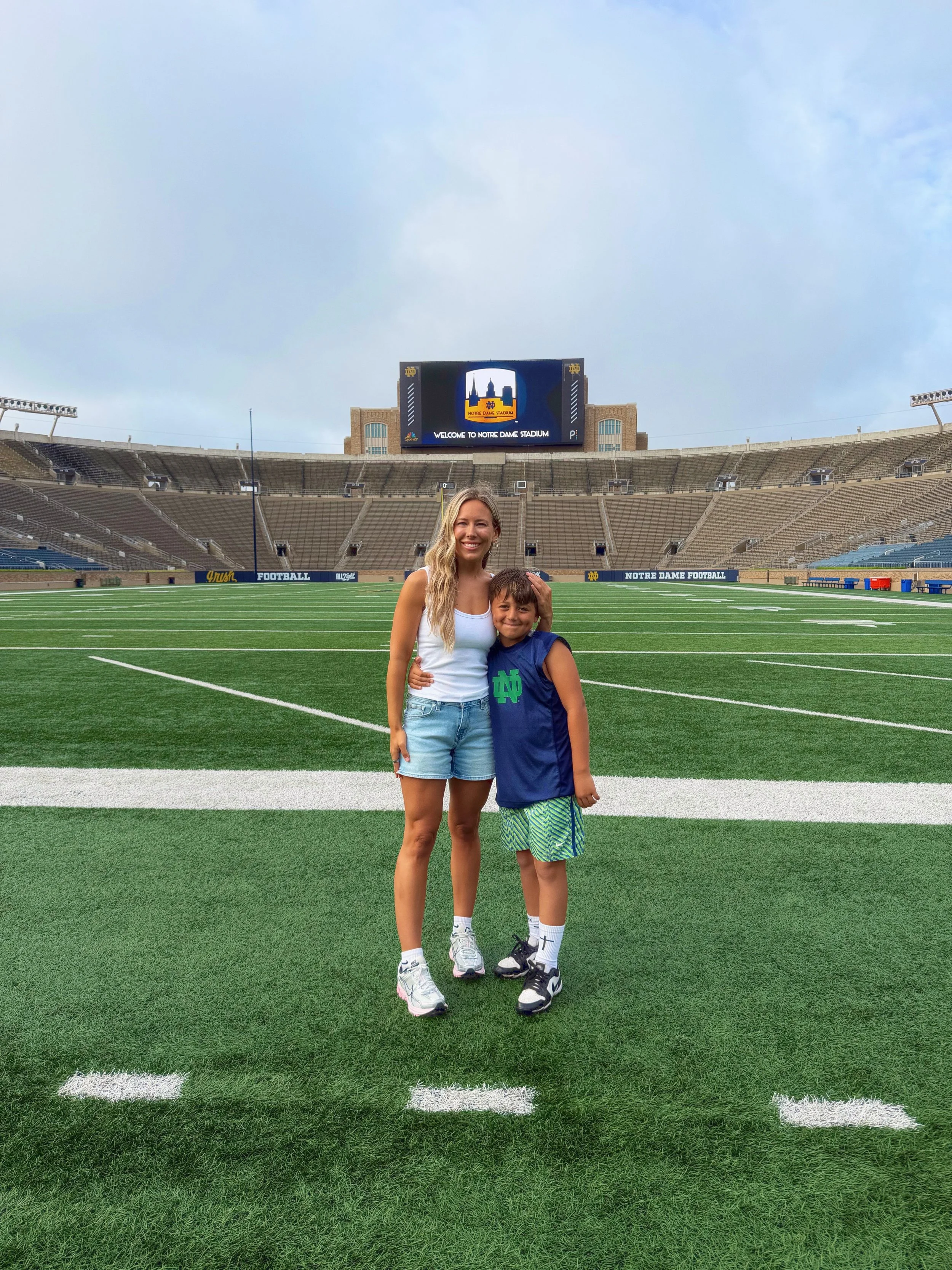 The day of my baby&rsquo;s dreams 🥹☘️ can&rsquo;t wait to watch him take this field in 10 years wearing the gold helmet he carries around the house everyday. 

#goirish #notredamefootball #ndfootball #notredame #youthfootballnetwork
