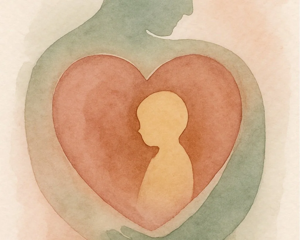 Watercolor painting of a person inside a heart shape, with a green outline of a larger heart surrounding it.