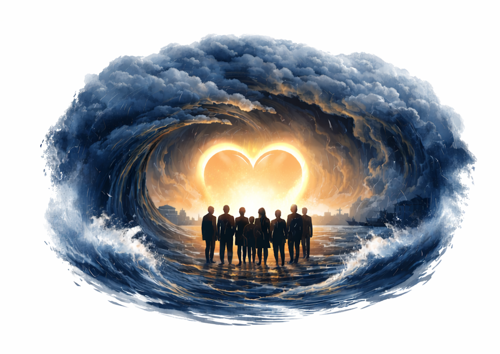 A group of people standing on a shoreline, silhouetted against a large heart-shaped glow in the sky, with a massive stormy wave surrounding them, and a city skyline in the distance.