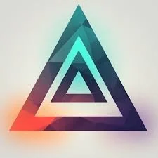 Colorful geometric triangle pattern with layered outlined triangles in various shades.