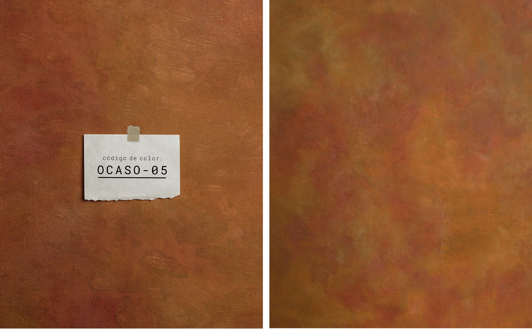 Muestra de color tono marrón con variaciones y una etiqueta que dice 'código de color: OCASO-05'