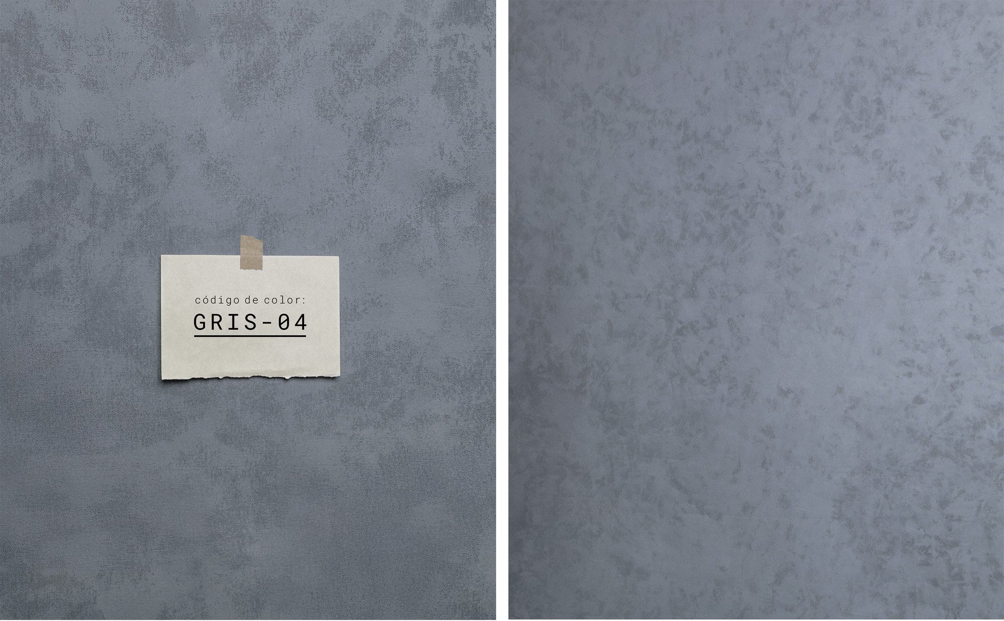 Muestra dos muestras de pintura gris con diferentes texturas, una con código de color Gris-04.