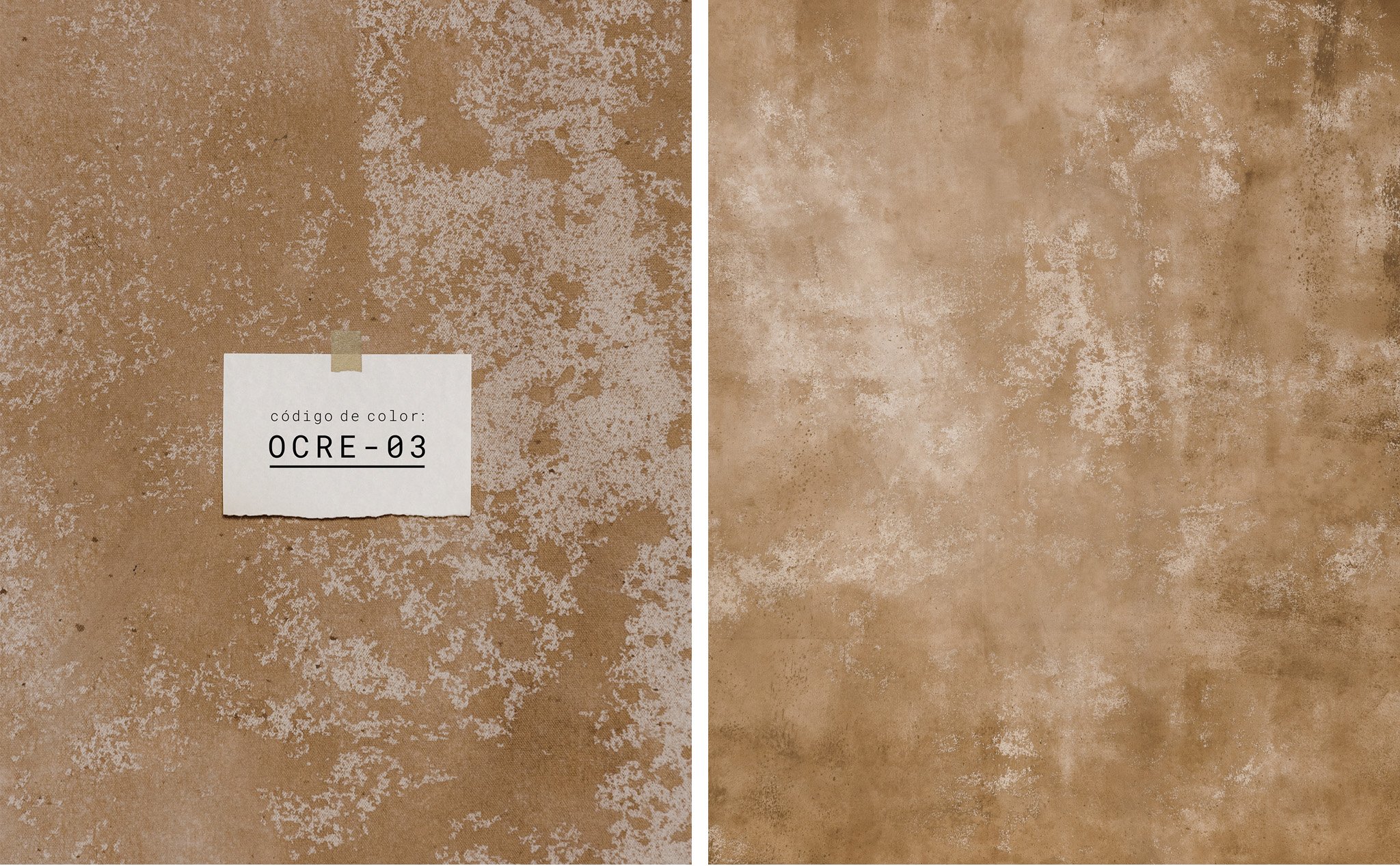 Muestra de dos texturas de color marrón, una con patrones irregulares y la otra con un acabado más uniforme. Etiqueta que indica el código de color: OCR-03.