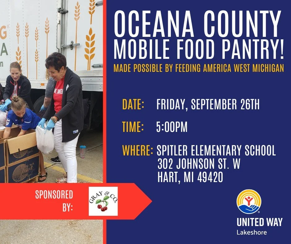 Reminder: Oceana County Mobile Food Pantry Tomorrow!

If you or someone you know needs food assistance, stop by the Oceana County Mobile Food Pantry tomorrow, September 26th! 

📅 Date: Friday, September 26th, 2025
🕙 Time: 5:00pm
📍 Location: Spitle