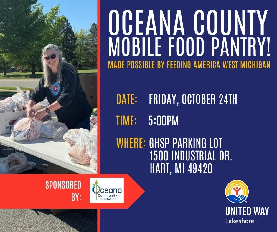 Reminder: Oceana County Mobile Food Pantry Tomorrow!
If you or someone you know needs food assistance, stop by the Oceana County Mobile Food Pantry tomorrow, October 24th! 
📅 Date: Friday, October 24th, 2025
🕙 Time: 5:00pm
📍 Location: GHSP Parki