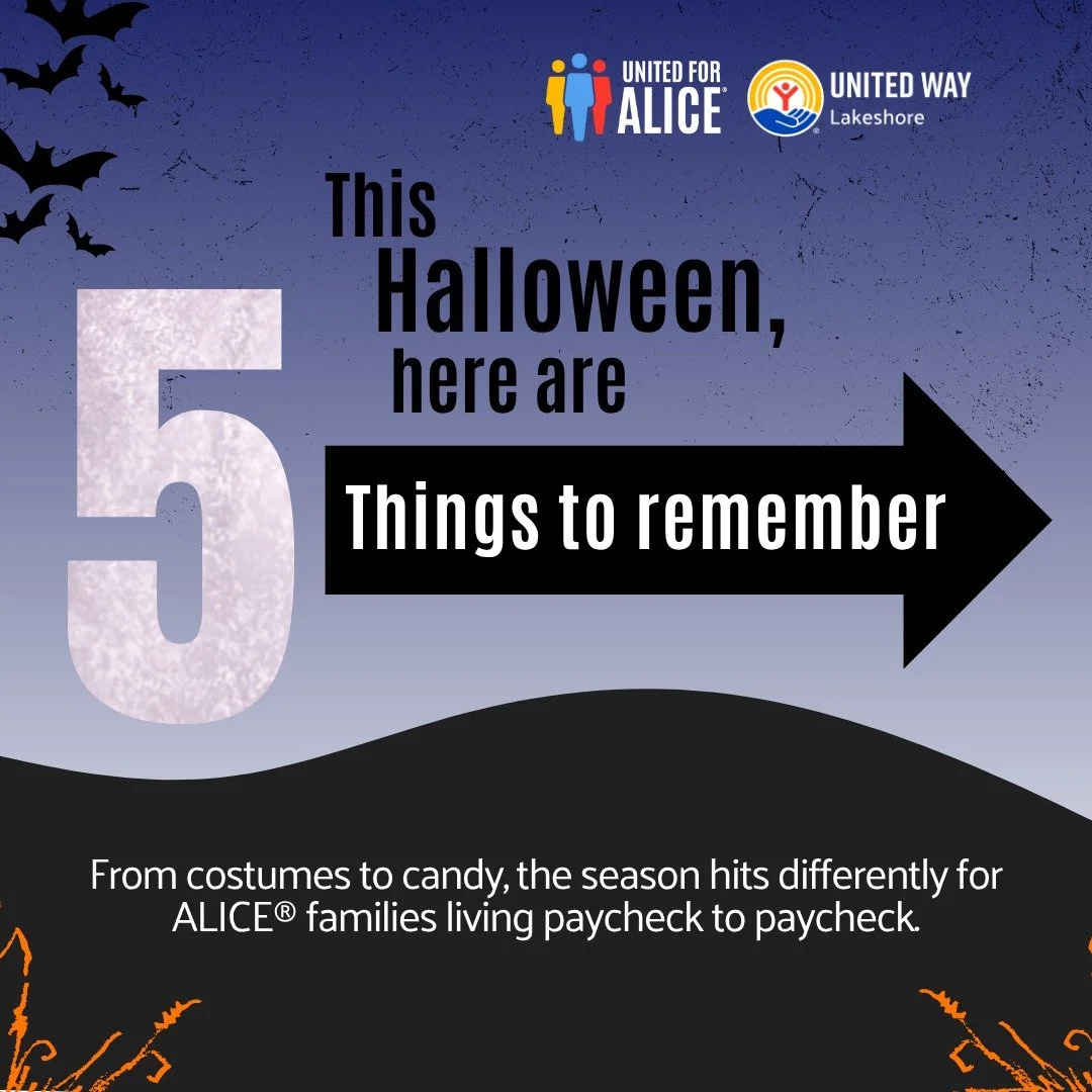 Halloween is just around the corner! As you prep for trick-or-treating, remember: More than 45% of Lakeshore households either are in poverty or are ALICE (Asset Limited, Income Constrained, Employed), with income above the poverty level but still le