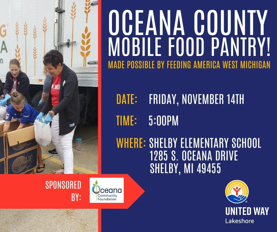 Reminder: Oceana County Mobile Food Pantry Tomorrow!

If you or someone you know needs food assistance, stop by the Oceana County Mobile Food Pantry tomorrow, November 14th! 

📅 Date: Friday, November 14th, 2025
🕙 Time: 5:00pm
📍 Location: Shelby E