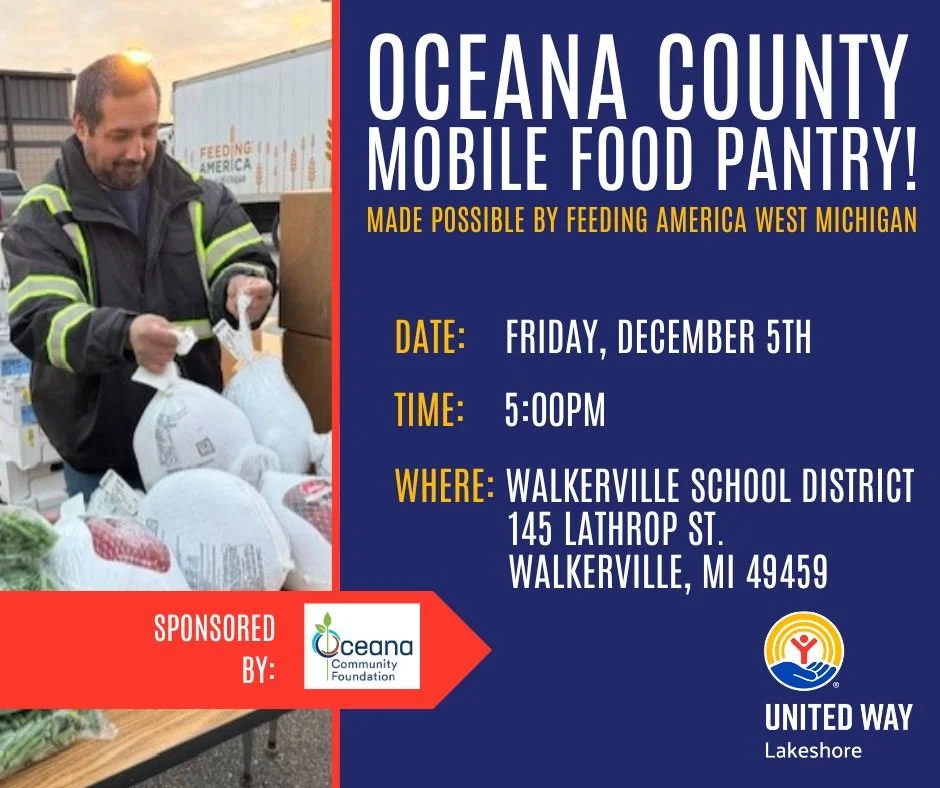 Reminder: Oceana County Mobile Food Pantry Tomorrow!

If you or someone you know needs food assistance, stop by the Oceana County Mobile Food Pantry tomorrow, December 5th! 

📅 Date: Friday, December 5th, 2025
🕙 Time: 5:00pm
📍 Location: Walkervill