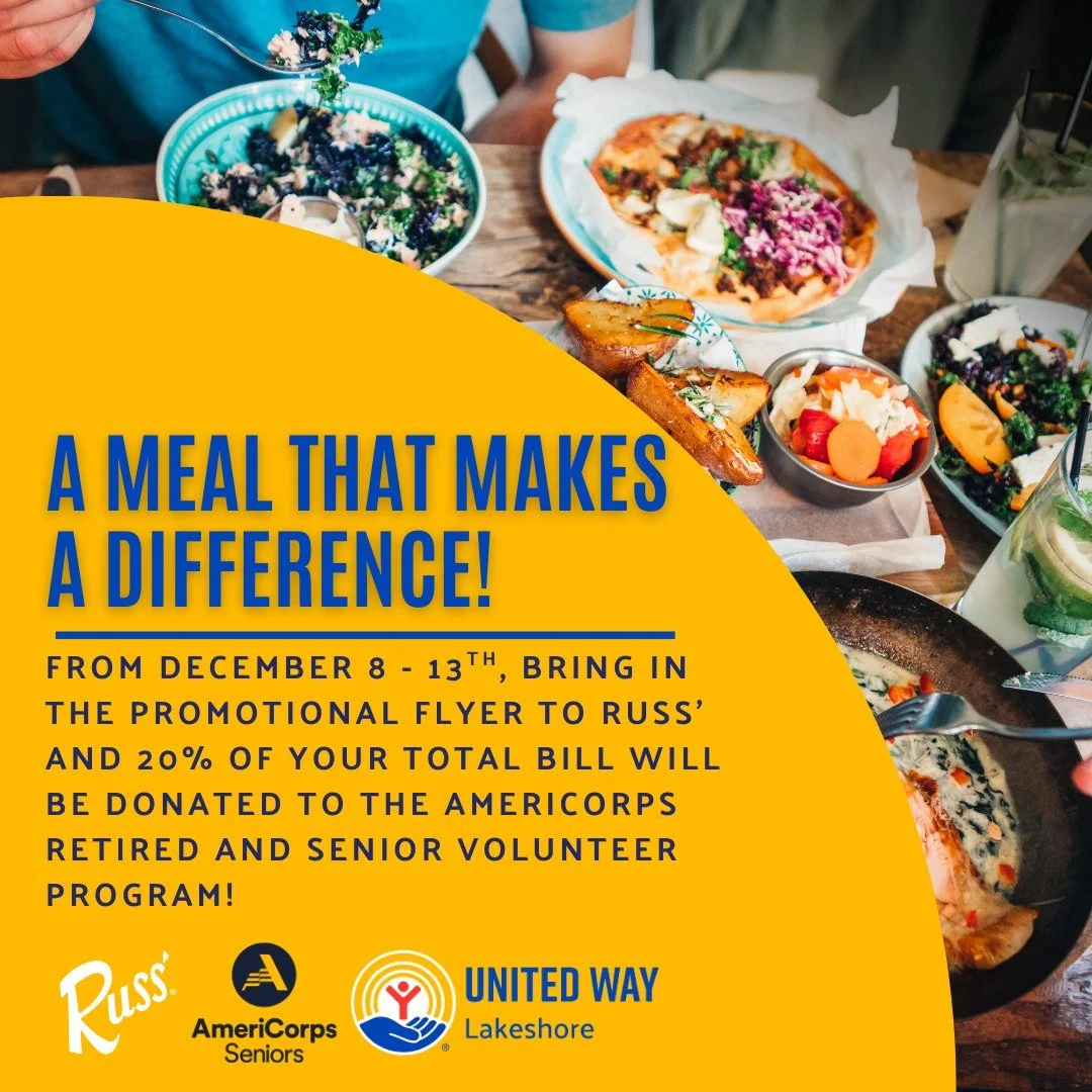 Eat good, do good! From Monday, December 8 through Saturday, December 13, dine in or take out at @russrestaurants locations in North Muskegon, Muskegon, and Grand Haven and 20% of your total bill will be donated back to AmeriCorps Seniors | Retired a