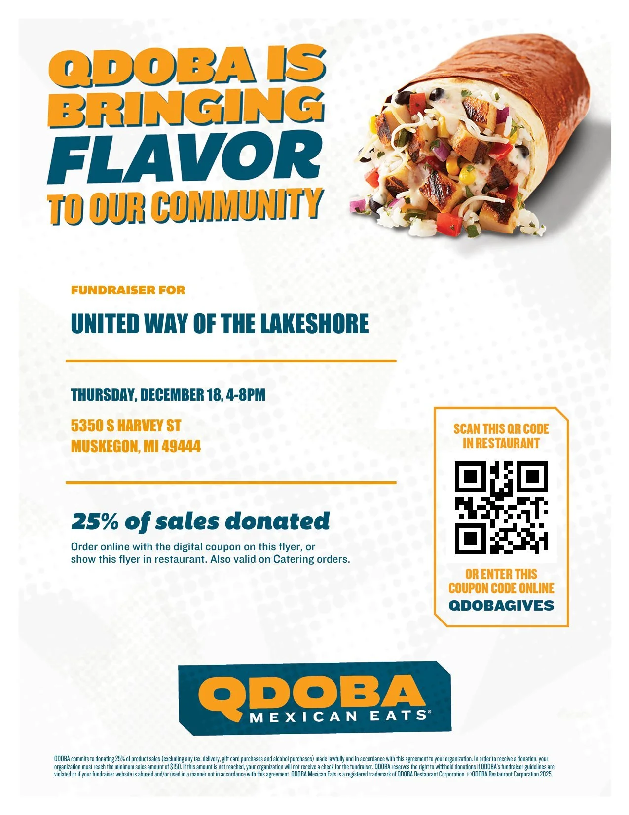 🌯 Dinner plans = community impact! 🌯

Join us tomorrow at QDOBA and enjoy a delicious meal while supporting United Way of the Lakeshore. When you order using the fundraiser code, 25% of sales will be donated back to support local families and progr