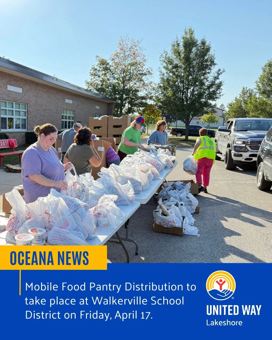 Join us at Walkerville School District on Friday, April 17, at 5:00 PM for the Oceana County Mobile Food Pantry. 

Feeding America West Michigan provides fresh fruits, vegetables, dairy products, and other staple items. United Way of the Lakeshore co