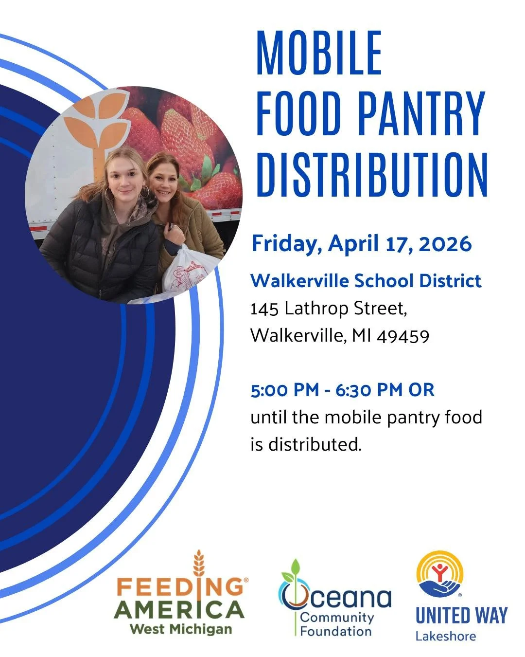 One week from today, we&rsquo;ll be at Walkerville School District with Feeding America West Michigan serving families across Oceana County. 

We&rsquo;re still looking for a few more volunteers to help unload and distribute food. These events run sm