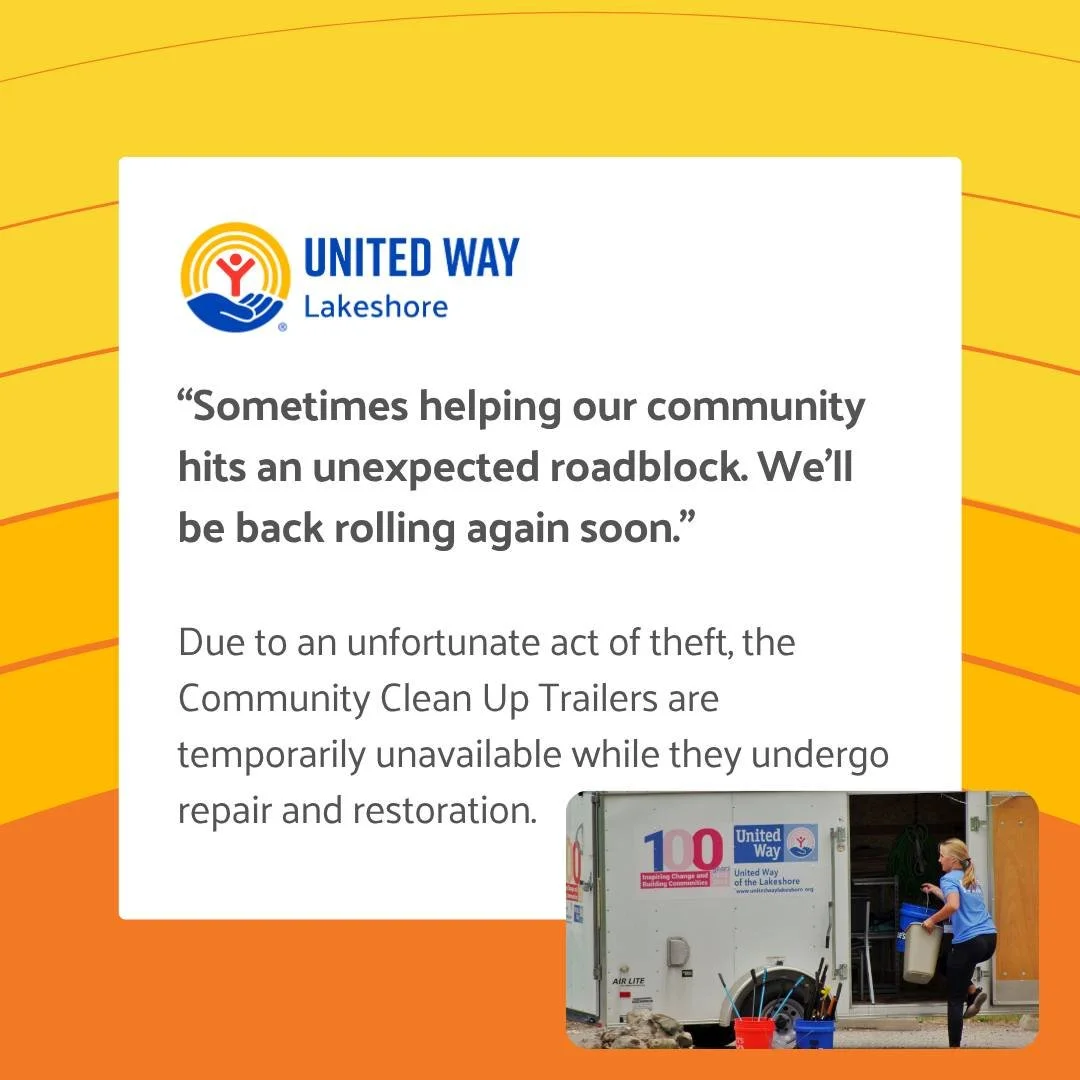Unfortunately, due to a theft that took place Thursday night into Friday morning, United Way of the Lakeshore is temporarily unable to rent out our Community Clean Up Trailers for community projects.

The tires were stolen off of both trailers, which