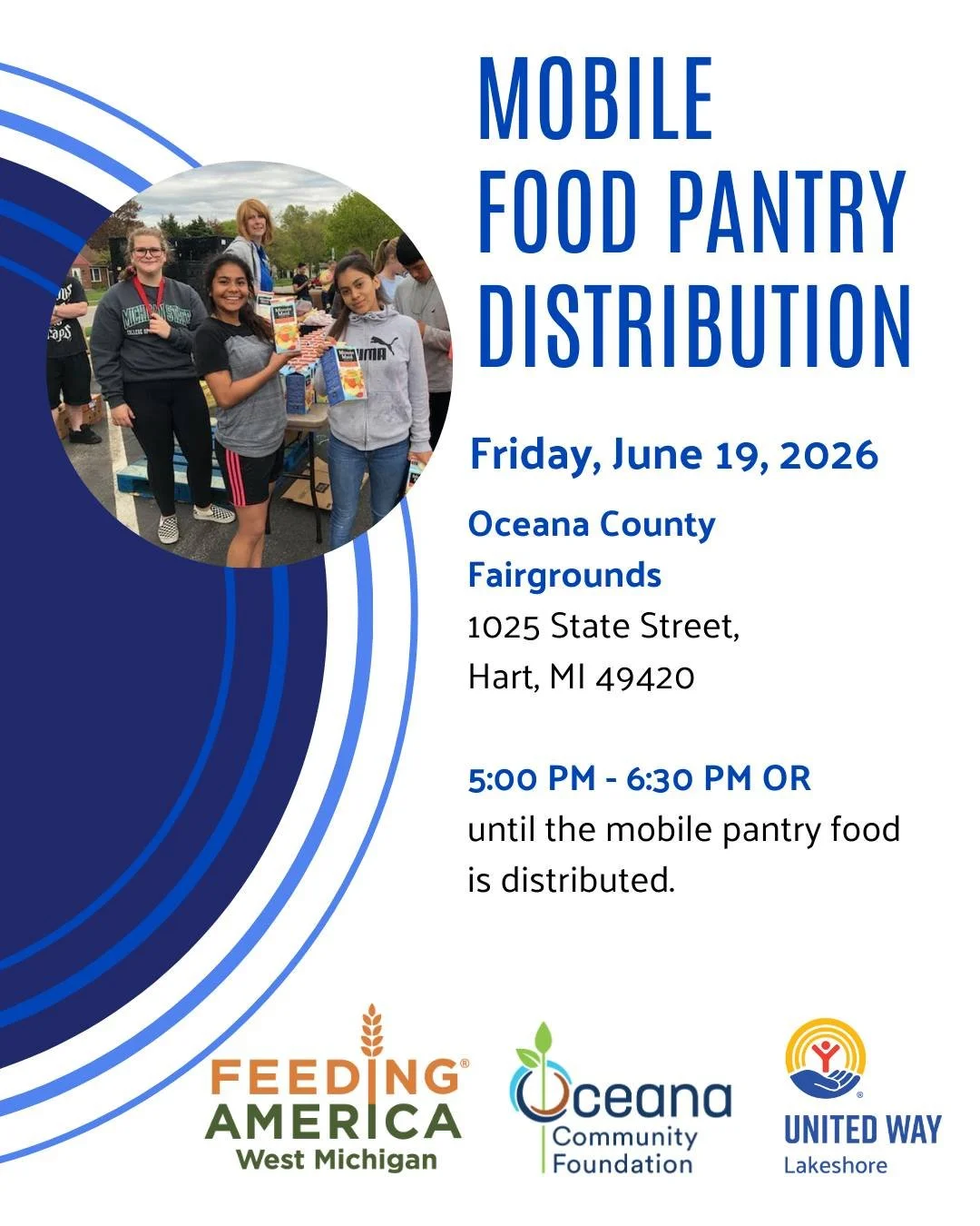 One week from today, we&rsquo;ll be at the Oceana County Fairgrounds with Feeding America West Michigan serving families across our community.

We&rsquo;re still looking for a few more volunteers to help unload and distribute food. These events run s