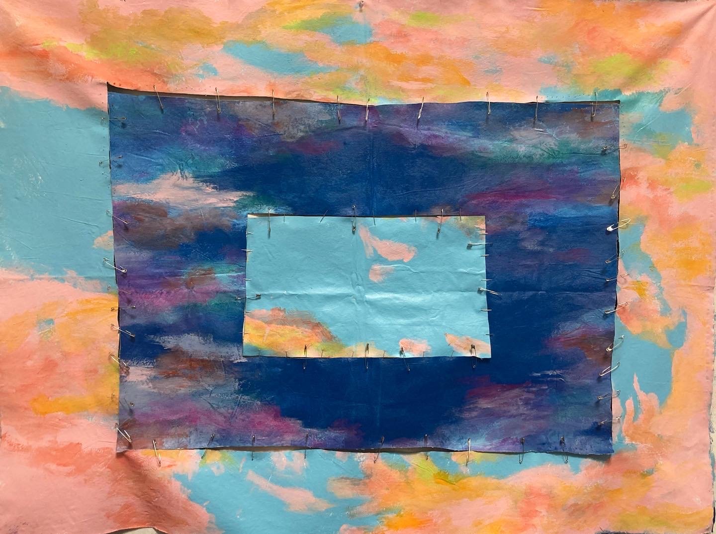 Girlhood (Side 1), acrylic on unstretched canvas, safety pins, 72x48in, 2022