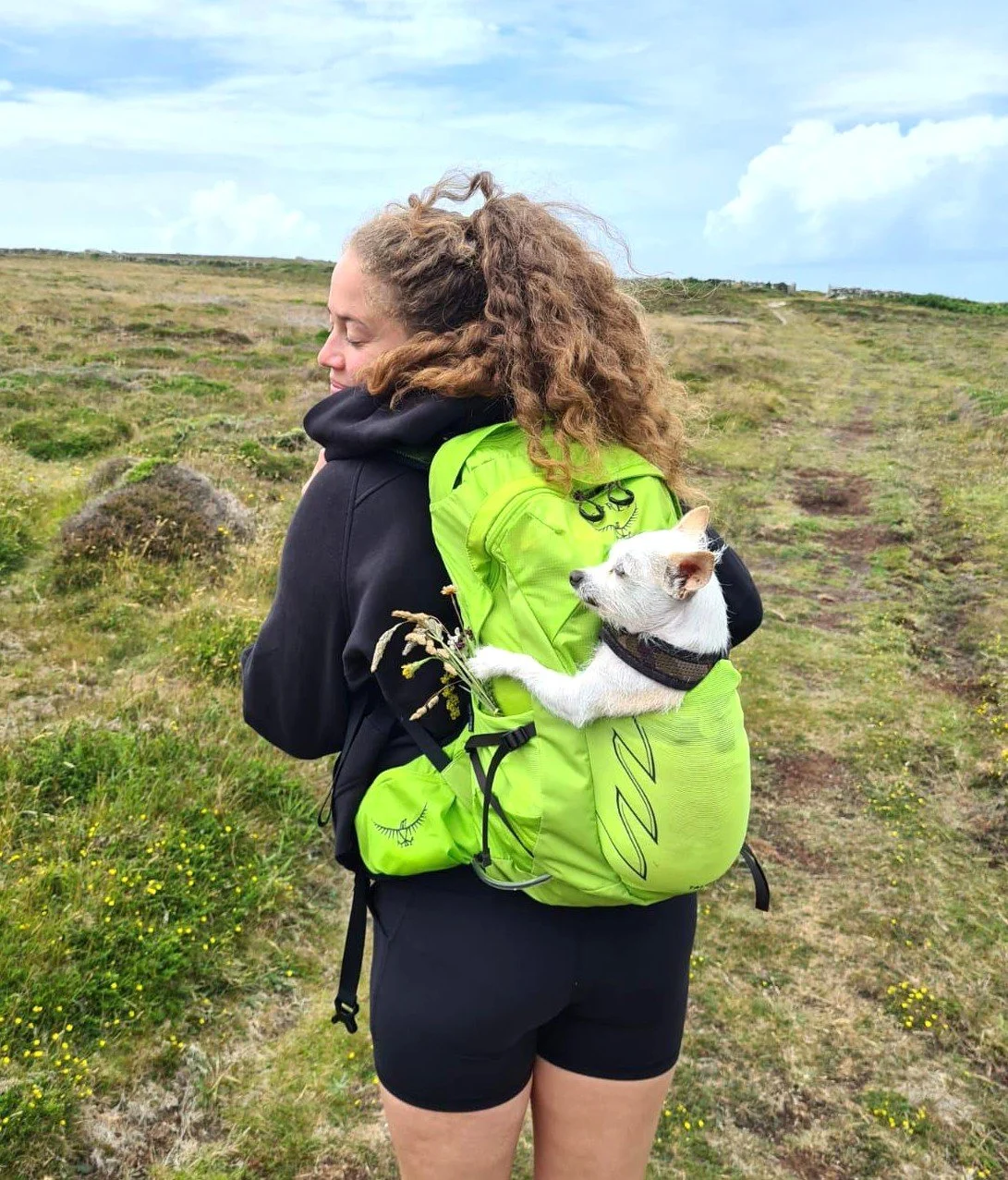 Lady in nature holding a white Jack Chi in her backpack