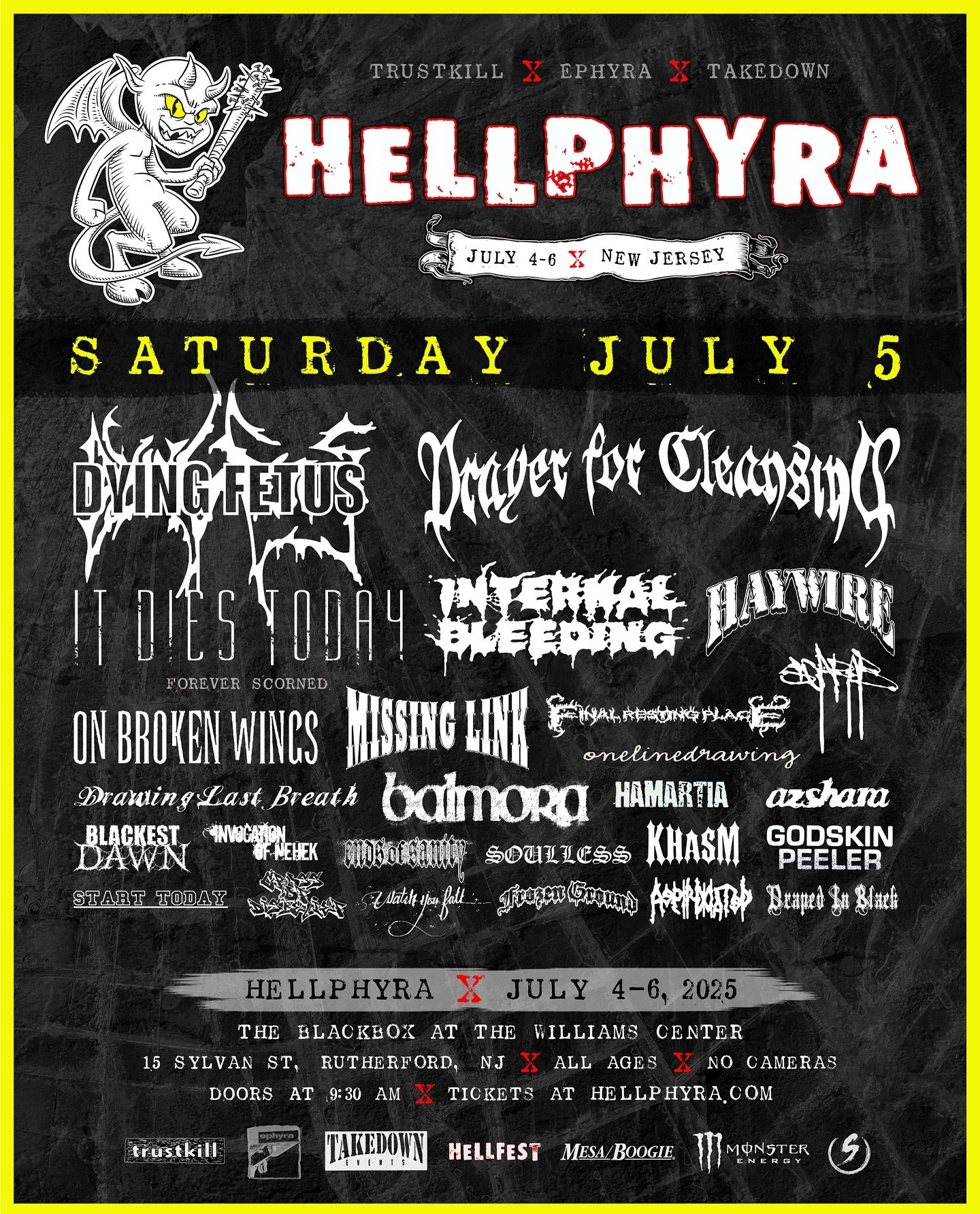 Hellphyra new day lineups and door times + HELLPHYRA HANGOUT on Sunday July 6!

🚨 ONLY 50 WEEKEND PASSES LEFT

Each day will have TWO stages on the main floor with rapid fire alternating sets - set times are coming next week!

SCHEDULE:

Friday July