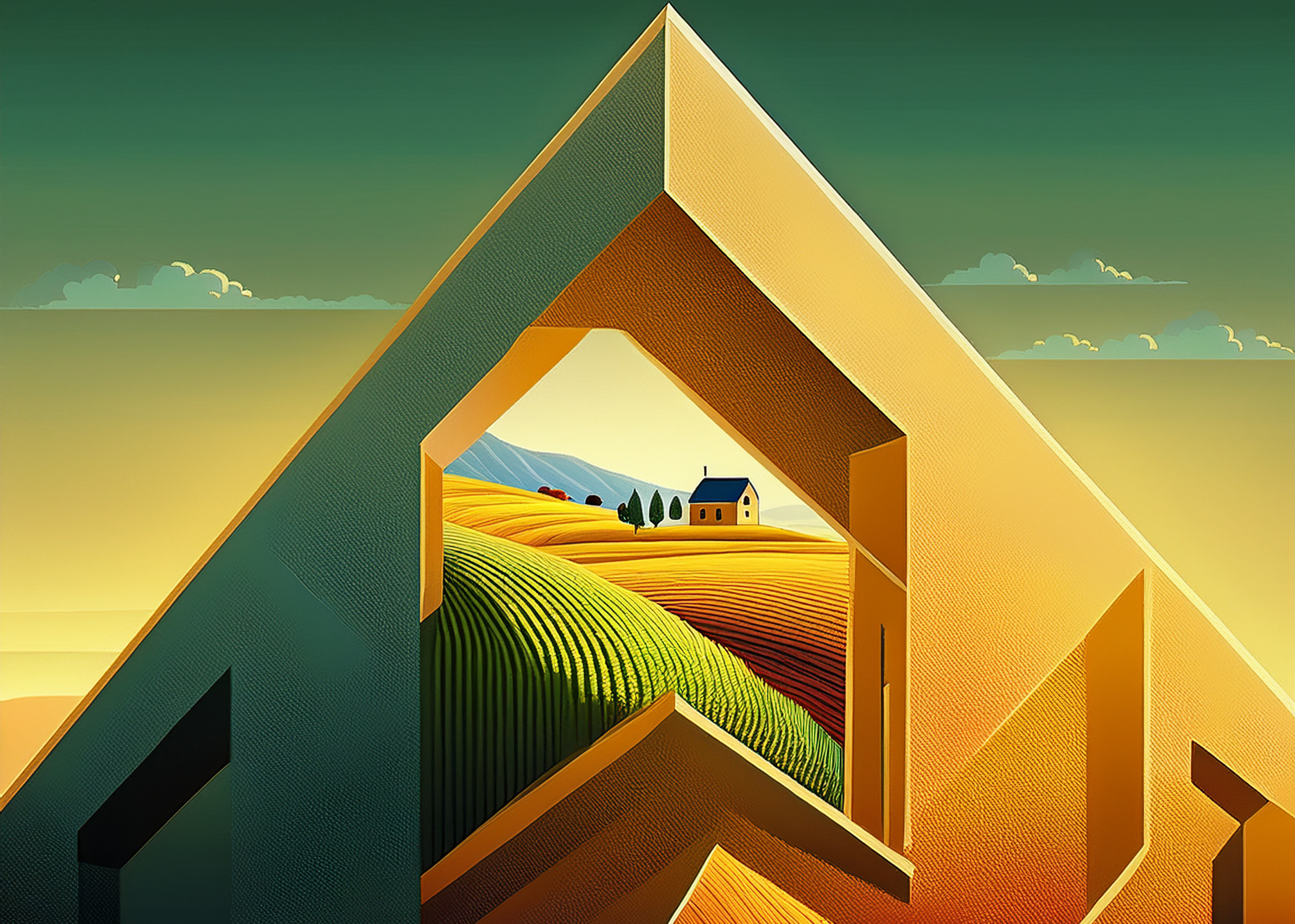 Abstract illustration of a countryside landscape seen through a layered, geometric frame, featuring rolling green fields, a small house, trees, and distant mountains.