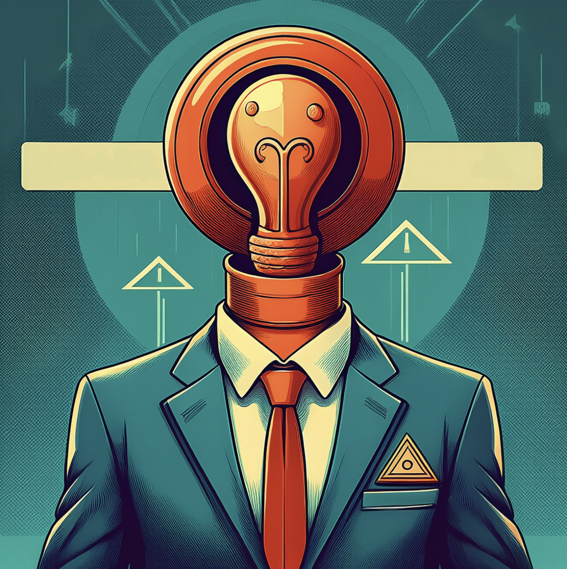 A digital illustration of a person wearing a suit with a light bulb as a head, symbolizing ideas and creativity, set against a futuristic background with geometric shapes and lines.