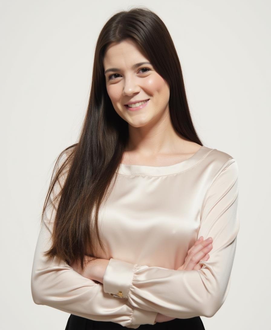 A woman with long brown hair smiling with arms crossed, wearing a cream-colored satin blouse against a plain white background.