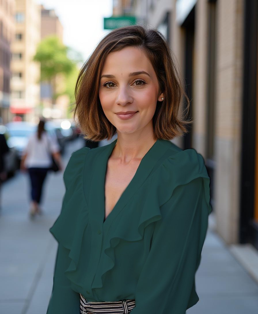 Woman with short brown hair in a green blouse standing on city sidewalk