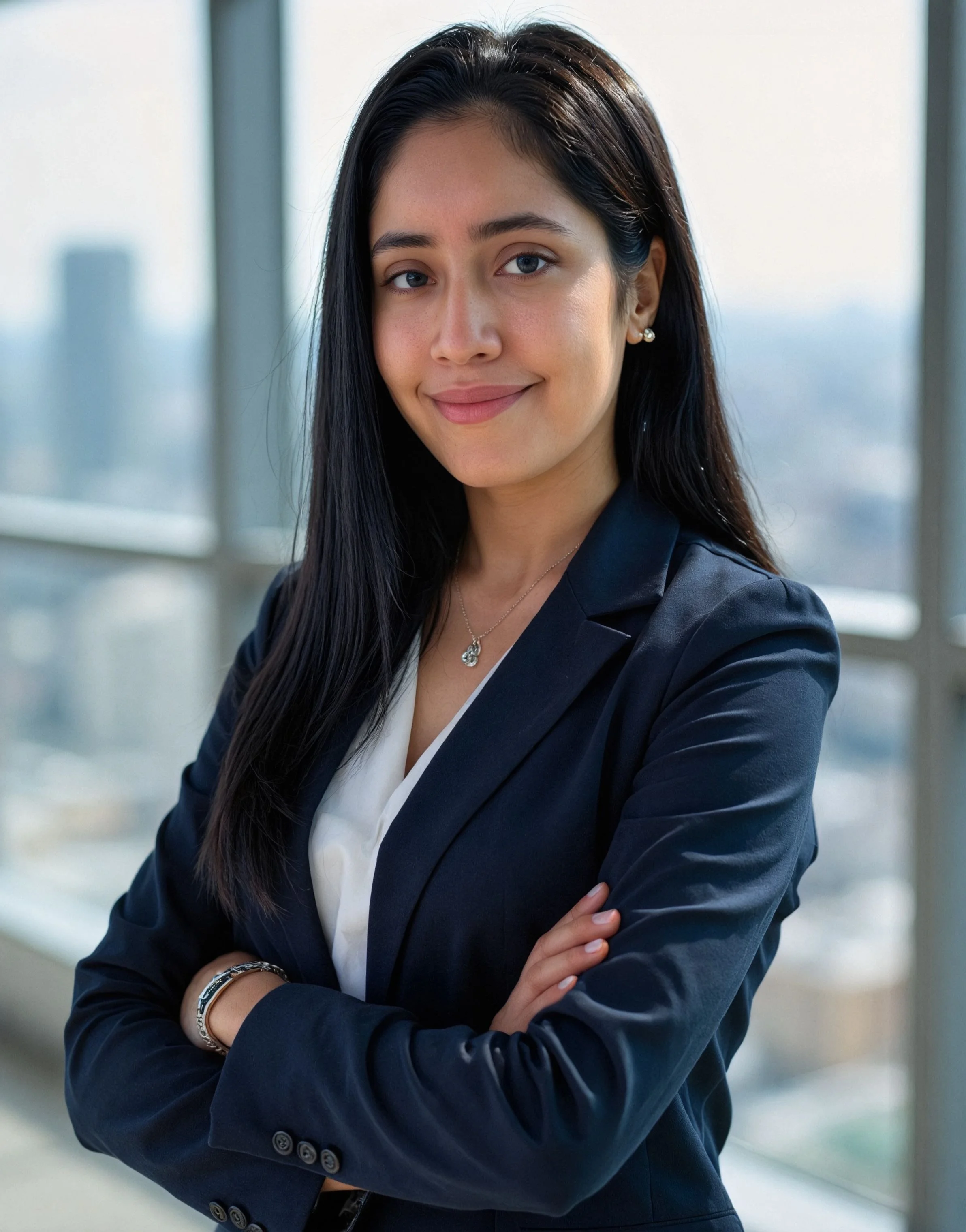 Professional woman with long dark hair wearing a navy blazer and white blouse, standing with arms crossed in front of a large window with a cityscape view.
