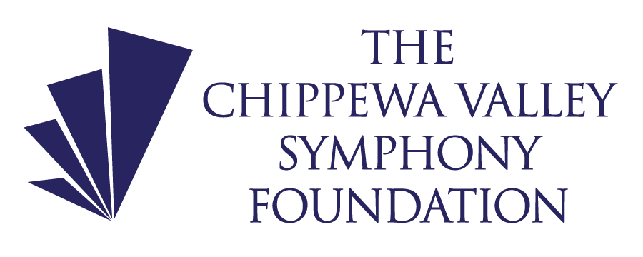 Logo of The Chippewa Valley Symphony Foundation featuring a stylized blue geometric design resembling a fan or wave next to the text.
