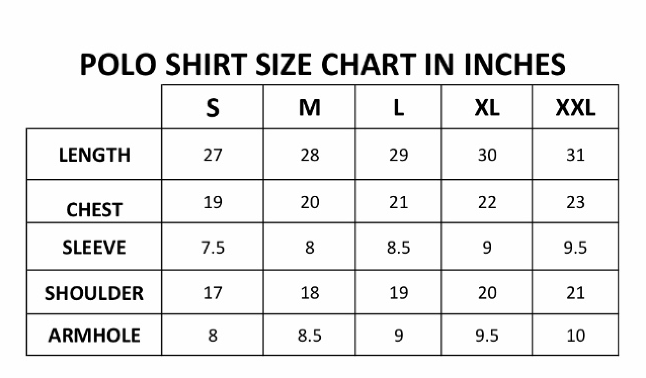 Polo shirt size chart in inches showing measurements for size S to XXL, including length, chest, sleeve, shoulder, and armhole for his majesty