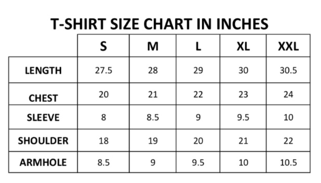 T-shirt size chart with measurements in inches, including size options S, M, L, XL, and XXL, listing length, chest, sleeve, shoulder, and armhole measurements for  His Majesty apparel