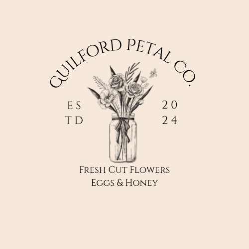 A logo for Guilford Petal Co. featuring a sketch of a bouquet of flowers in a jar, with the company name curved above, and the text "ESTD 2024," "FRESH CUT FLOWERS," and "EGGS & HONEY" below.