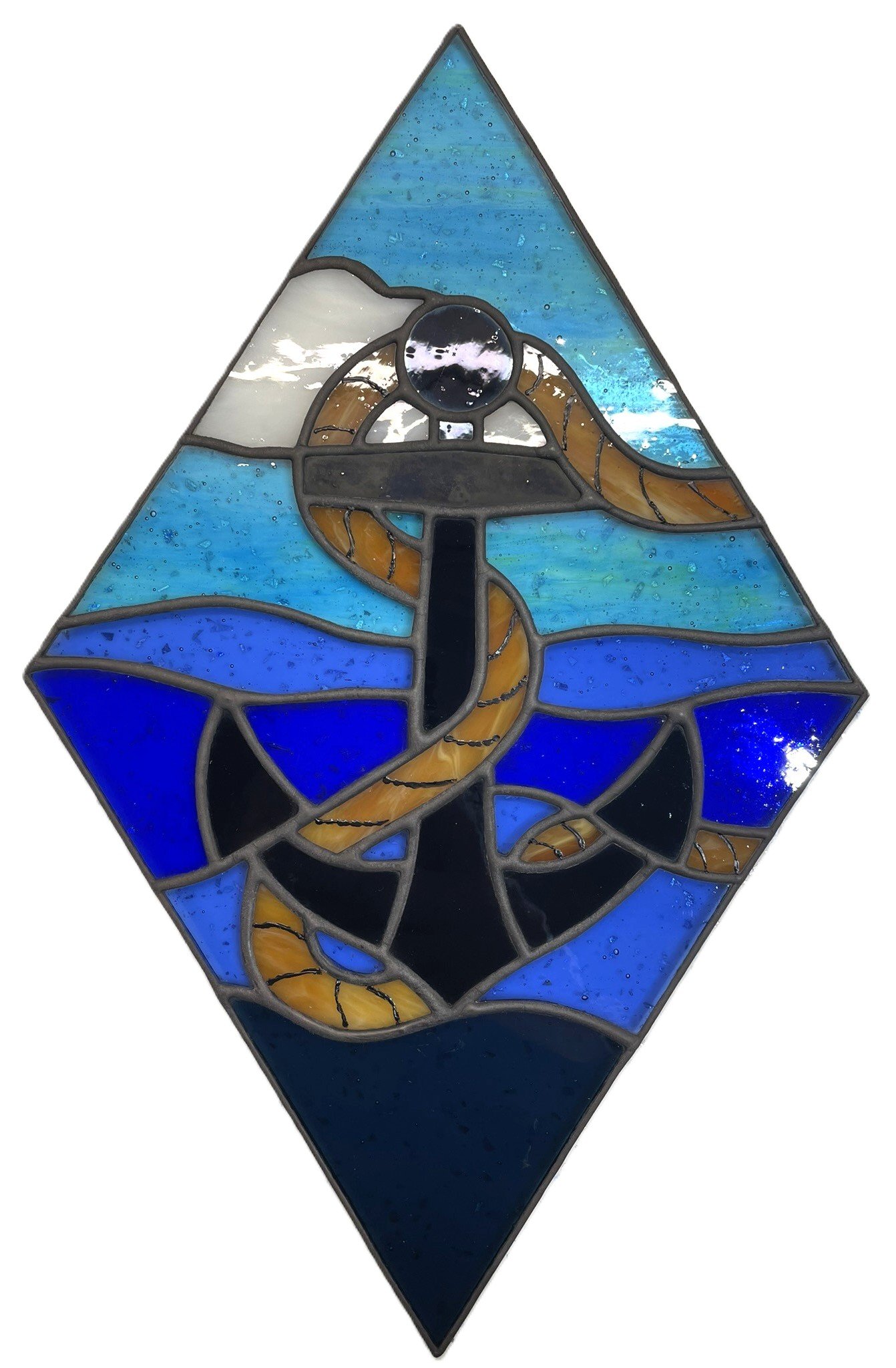 Crafted Colours commission of a diamond shaped panel with a foul anchor (anchor wrapped in a rope) with waves, sky and cloud in the background.
