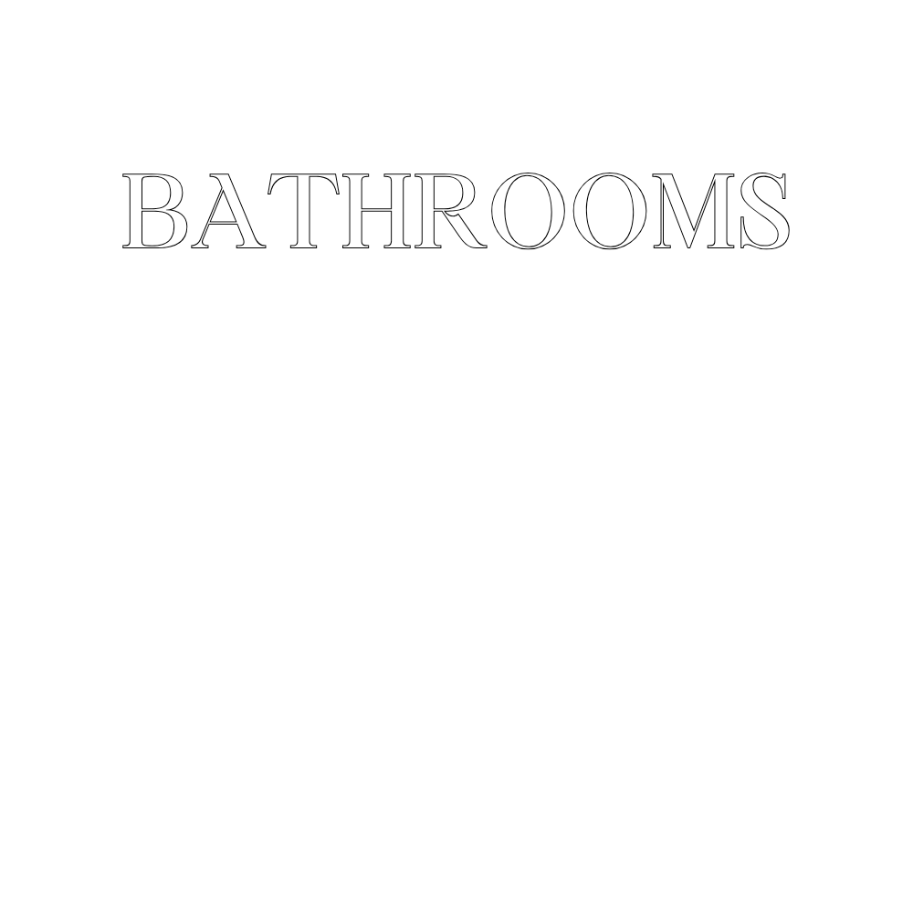 A black sign with white text that says 'BATHROOMS' and minimalist illustrations of a mirror, a towel, a sink, and a bathtub.