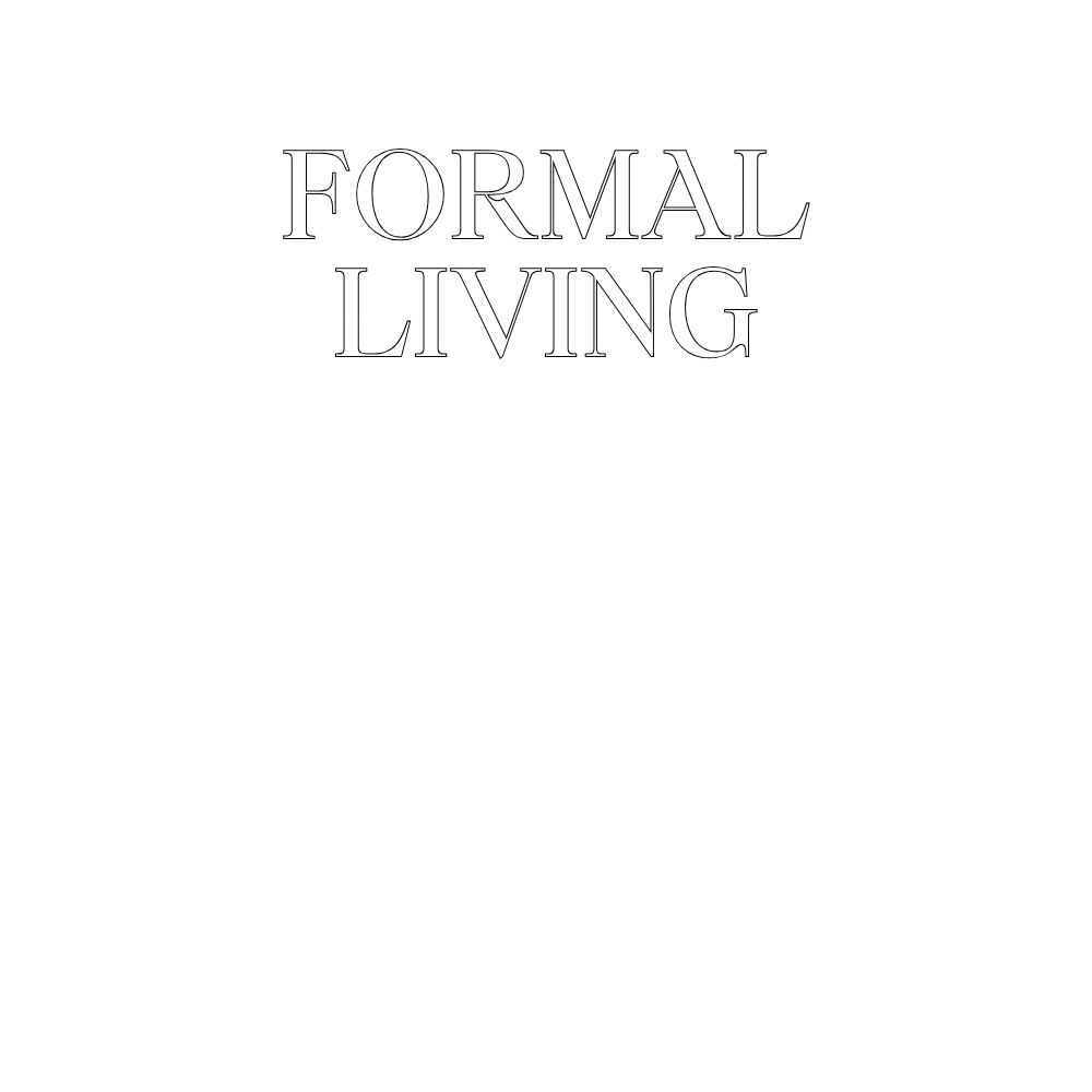 Black background with white text reading 'Formal Living' and line drawings of two armchairs and three nested coffee tables.