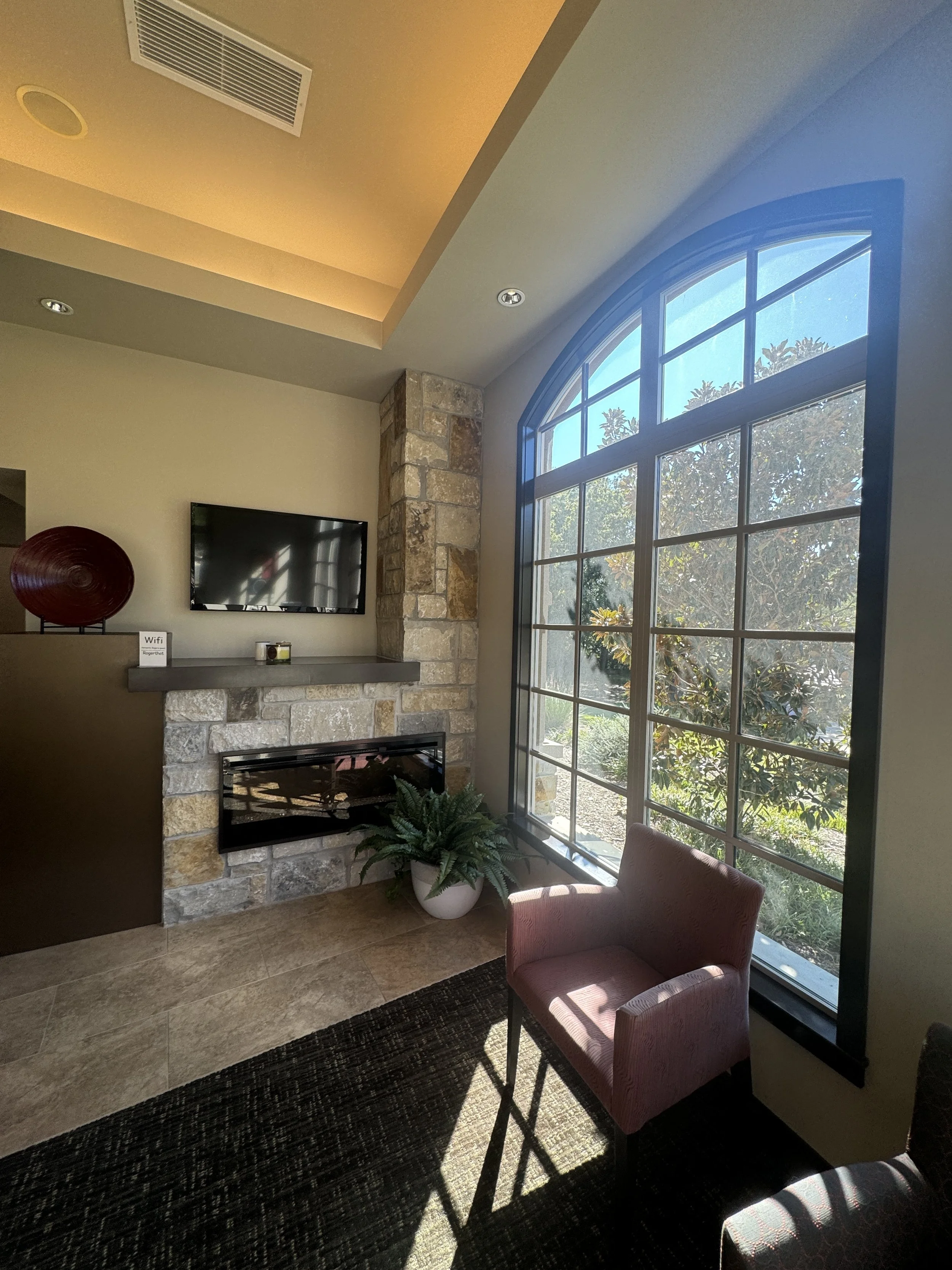 Interior of a waiting or lounge area with a large arched window, a pink upholstered chair, a stone fireplace with a small plant, a flat-screen TV, and decorative objects on a ledge.
