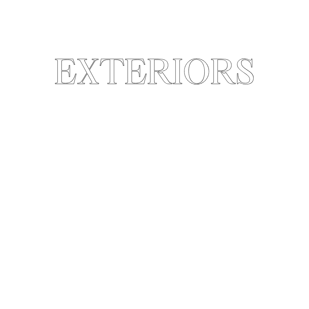 Black background with white text saying 'EXTERIORS' and a simple white line drawing of a house with a front porch, windows, a door, and two trees.