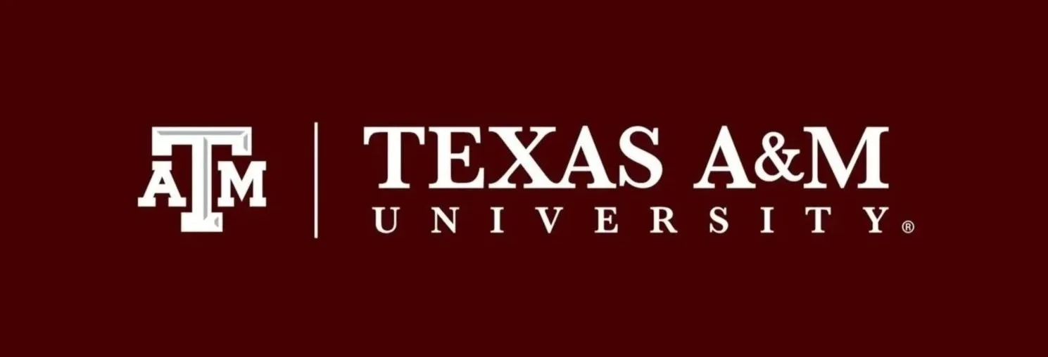 Texas A&M University logo with maroon background, white text, and two stylized 'A' and 'M' initials.