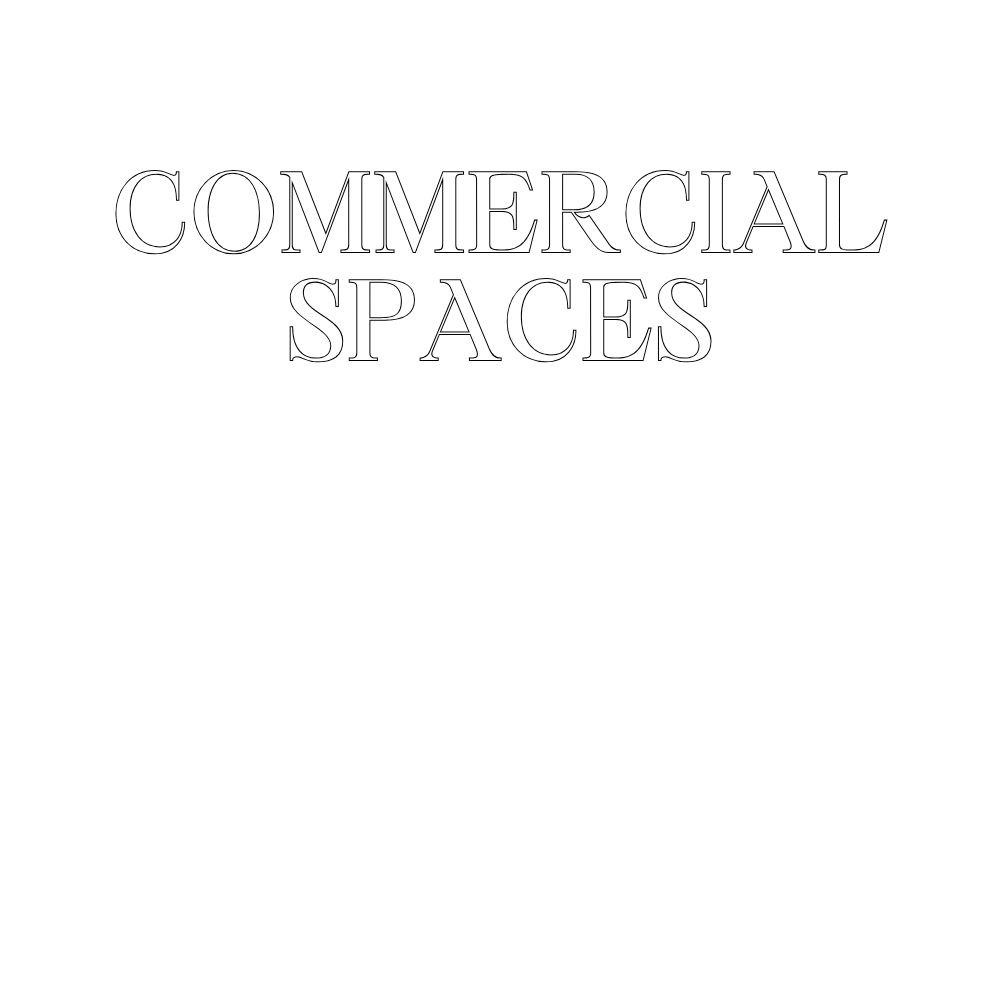 Black background with white outline drawing of an office setup, including a desk with a computer and chair, a plant in a pot on the floor, a filing cabinet with a plant on top, and framed pictures on the wall. Text reads 'Commercial Spaces'.