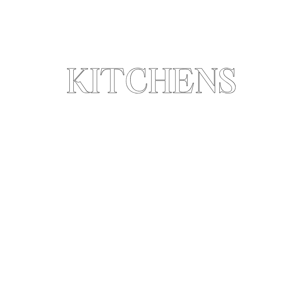 Line drawing of a kitchen with wooden cabinets, a stove, a refrigerator, a sink, and potted plants, on a black background.