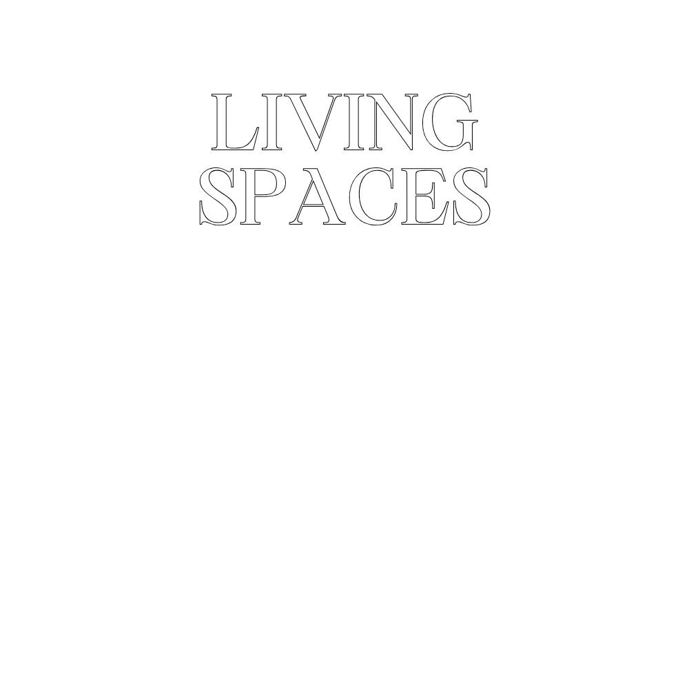 Black background with white text that says 'LIVING SPACES.' Below the text is a simple line drawing of a living room setup including a potted plant on the left, a sofa in the middle, and a table with a lamp on the right.