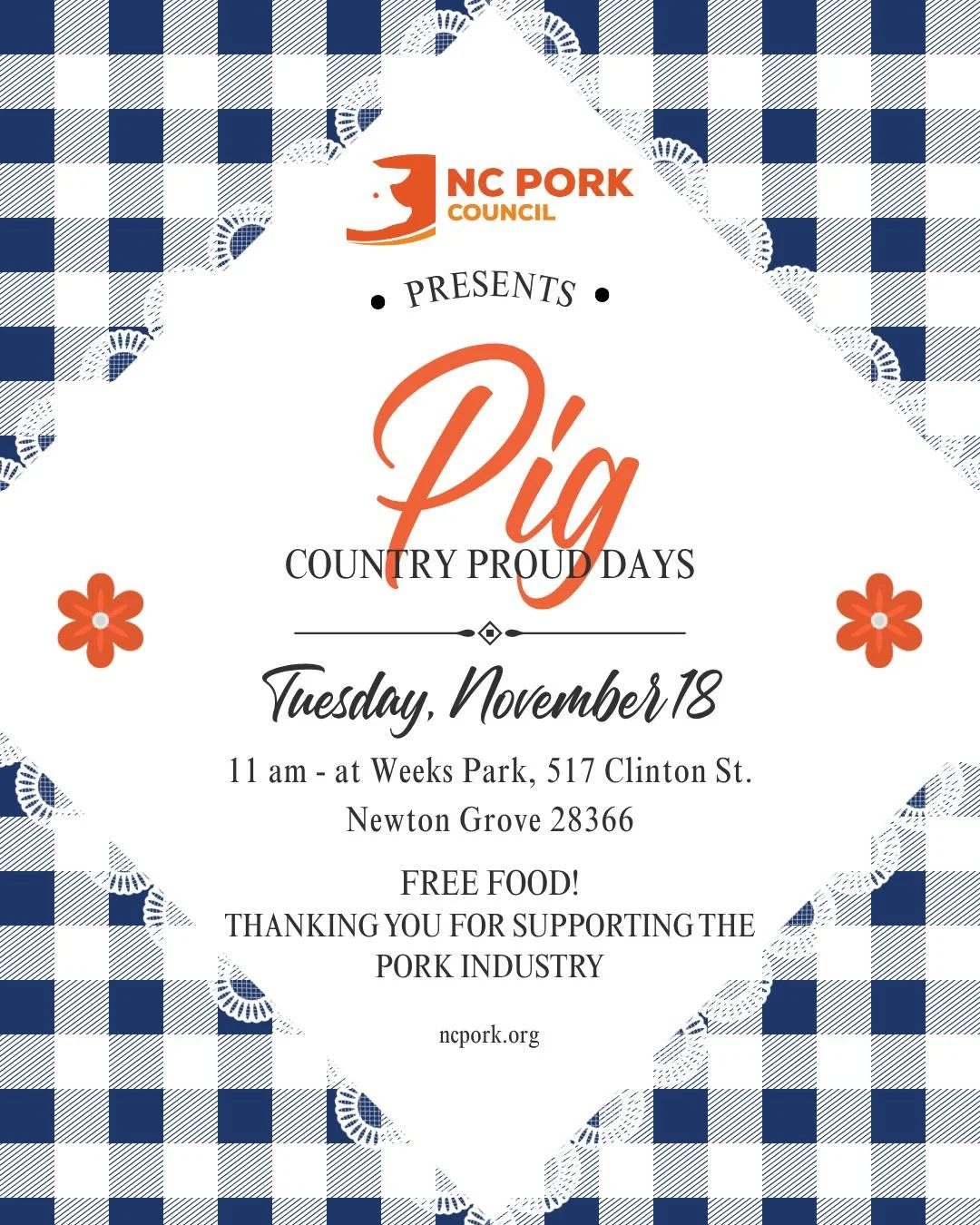 Join us tomorrow in Newton Grove for a free lunch to celebrate a community rich in pork production. 🐷

The menu includes ham sliders, BBQ potatoes, butterbeans, cookies, sweet tea, tea and lemonade. 🍖🥔🫛🥤

There will be games for kids, recipe car