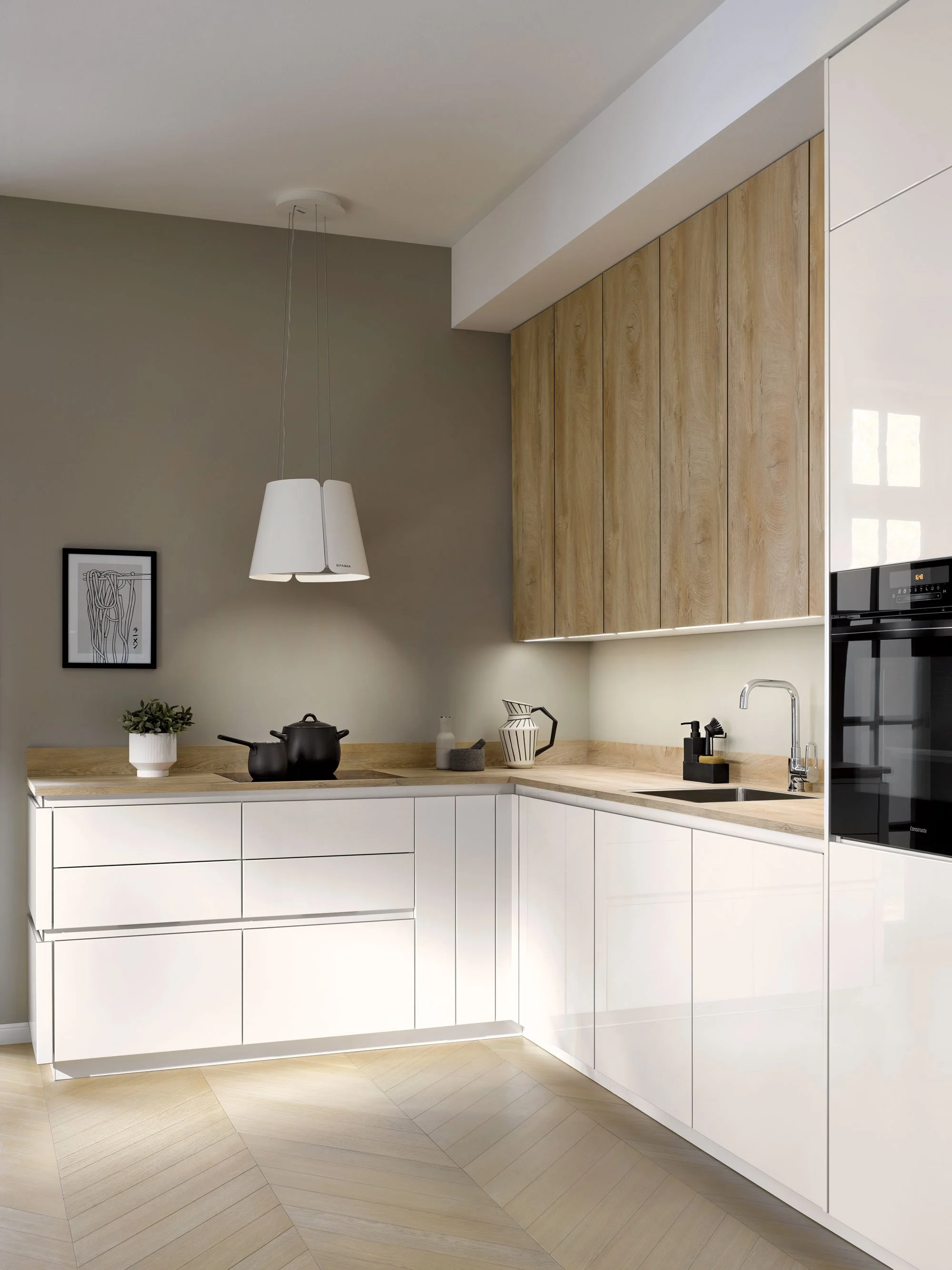 Modern kitchen with white cabinets, wooden upper cabinets, black cookware, minimalist decor, and natural light.