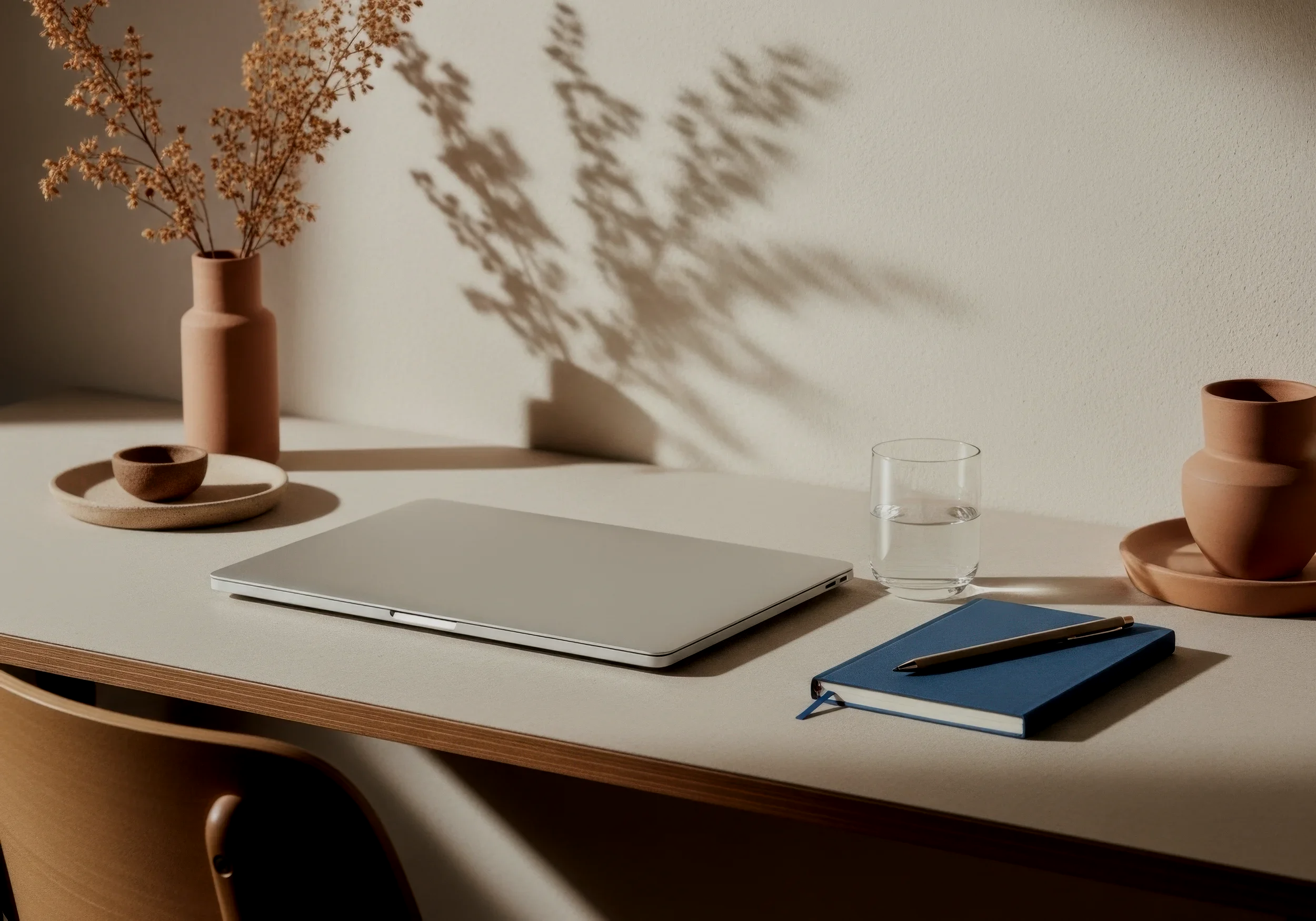 Minimalist workspace with a closed laptop, a glass of water, a blue notebook with a pen, and decorative brown bowls and vases on a beige desk, with shadows cast on a cream wall.