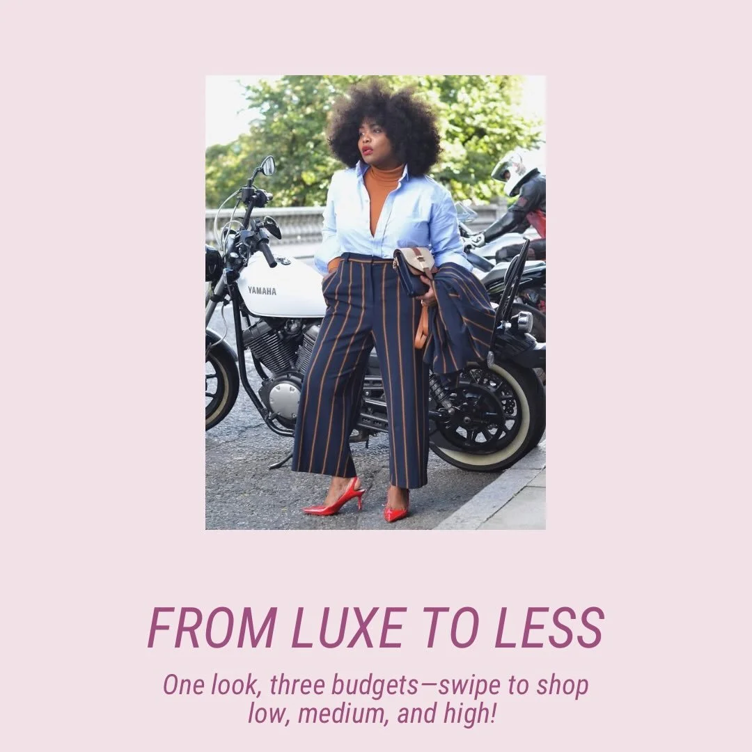 A fabulous look built on proportion and polish, not price: a crisp button-down to clean up the silhouette, a sleek turtleneck layer to anchor the look, and statement trousers that do the heavy lifting. The red heel? That&rsquo;s the confidence piece.