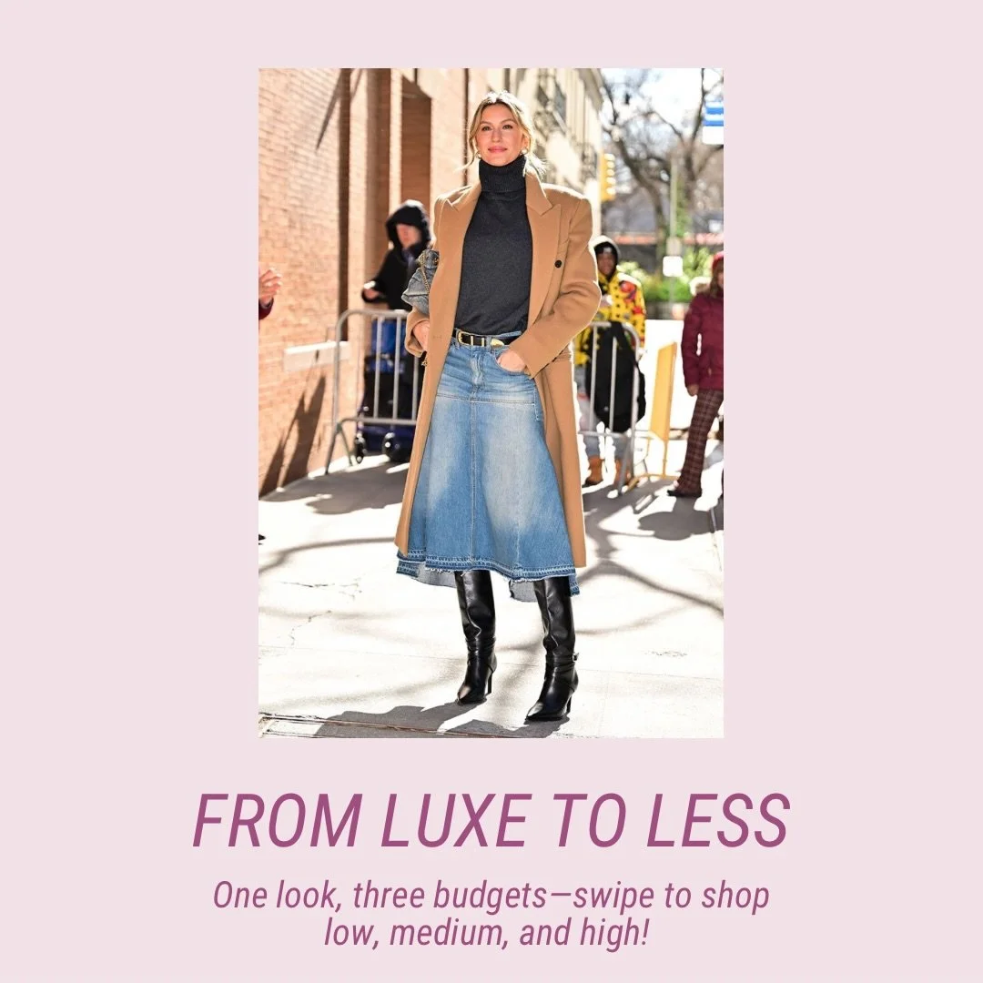 Same silhouette. Same energy. Three different investment levels.

A structured camel coat defines the frame.
A sleek turtleneck refines the neckline.
A-line denim elongates and creates movement.
Tall boots streamline the leg line.

Everything is link